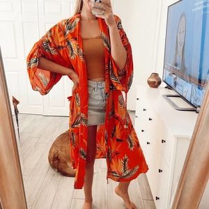 Free People Bohemian Kimono Cardigan Red Unique Design Size S Long